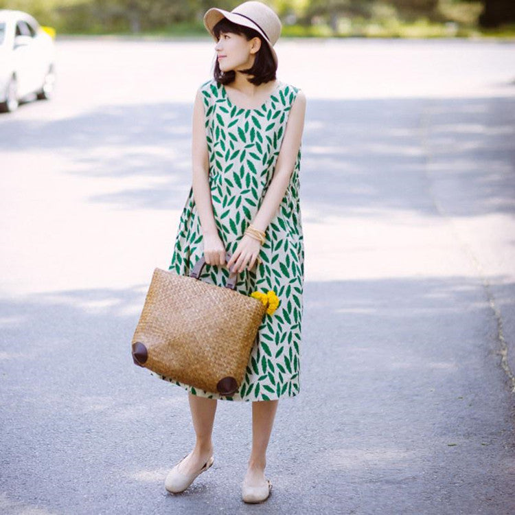 Women Printing Loose Casual Linen Summer Sleeveless Green Dress