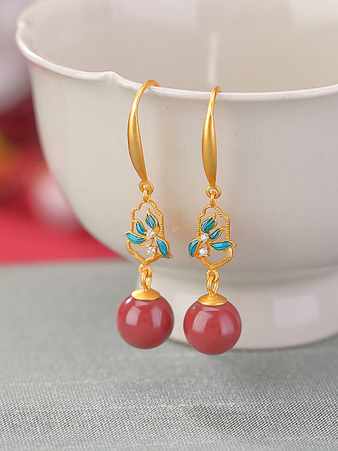 Boucles d'oreilles vintage en argent S925 avec perles rouges et fleurs pour femmes