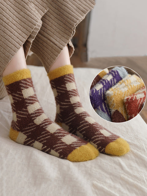 5 Pairs Women Winter Plaid Plush Socks