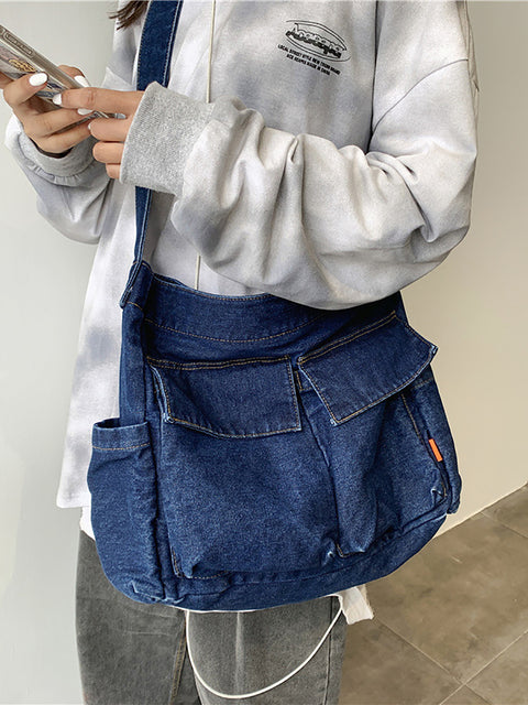 Sac à main vintage en denim uni de grande capacité pour femme