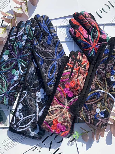 Gants de cyclisme chauds avec broderie de fleurs ethniques pour femmes