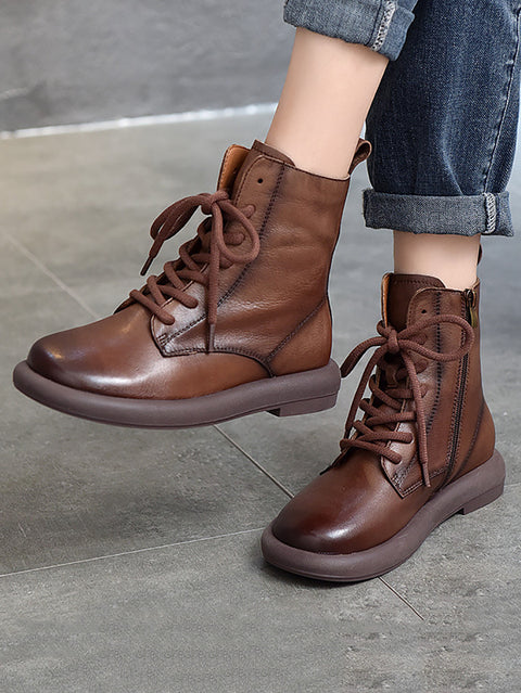 Bottes Martin à talon moyen et fermeture éclair souple en cuir véritable pour femmes