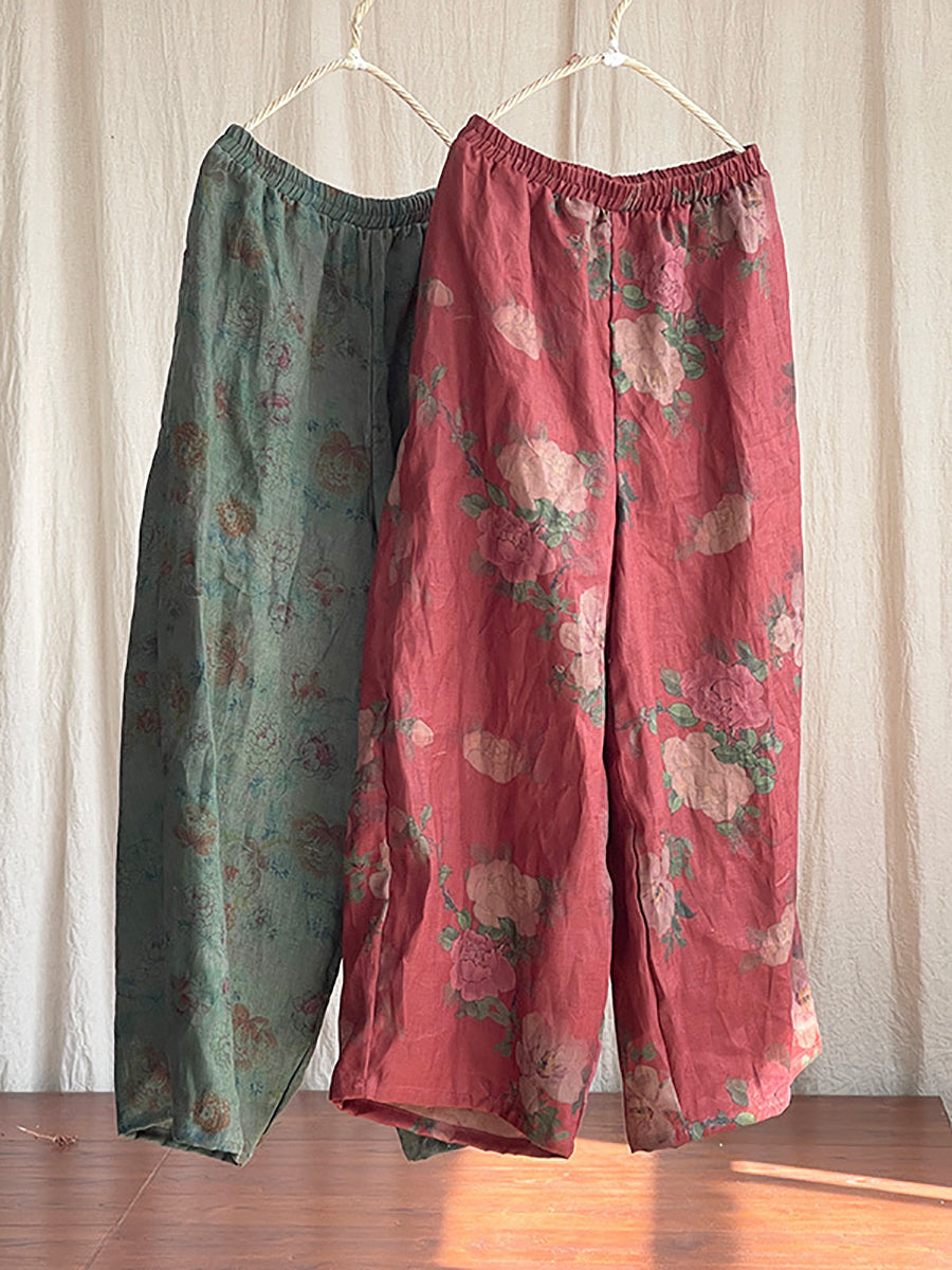 Women Vintage Floral Spring Wide-leg Pants