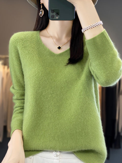 Pull en tricot à col en V de couleur unie pour femme