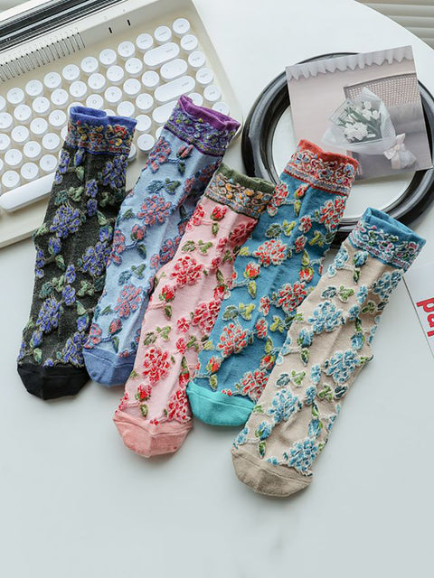 5 paires de chaussettes en coton jacquard floral vintage pour femmes