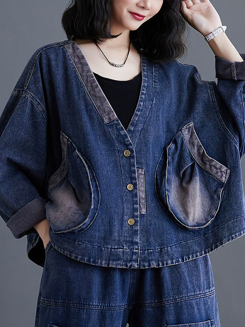 Manteau en denim à grande poche épissé de printemps rétro pour femmes