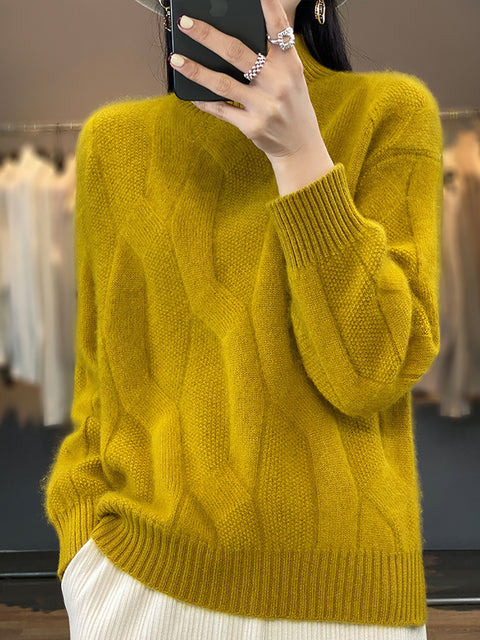 Women Autumn Solid Knit 100%Wool Turtleneck Sweater