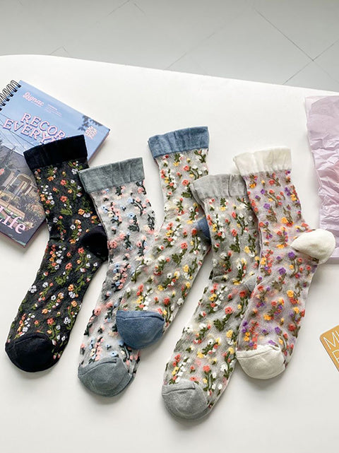 Lot de 5 paires de chaussettes fines en jacquard fleuri pour femme