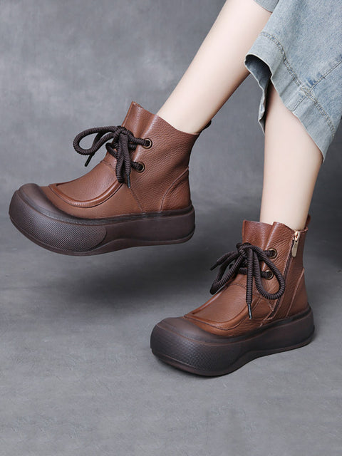 Women Vintage Genuine Leather Strap Mid-Heel Boots