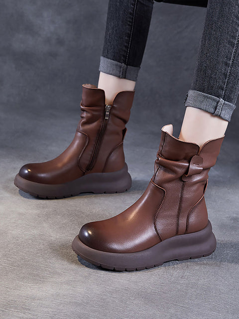 Bottes d'hiver à talons bas en cuir véritable pour femmes