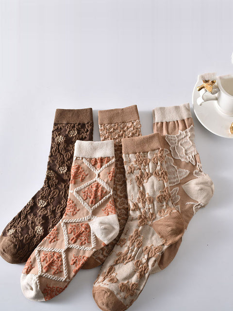 5 paires de chaussettes en coton jacquard à losanges et fleurs artistiques