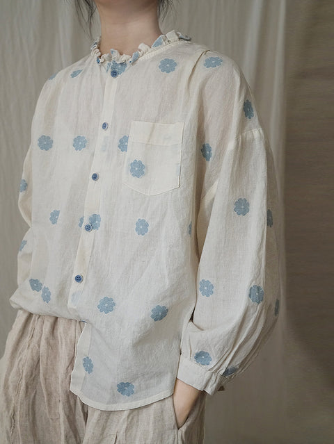 Chemise à col en dentelle en coton à fleurs printanières pour femme