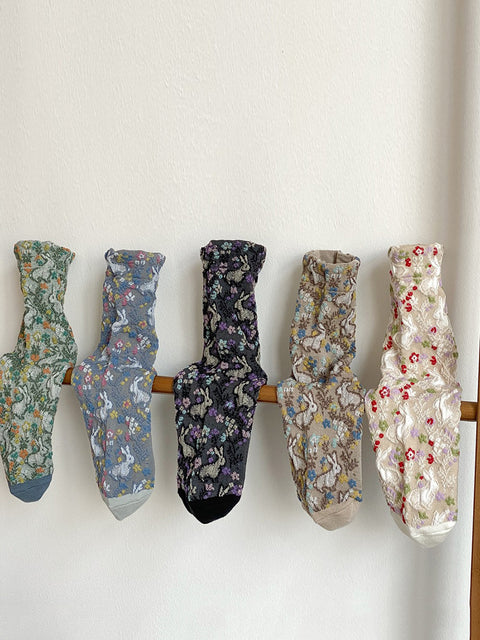 Lot de 5 paires de chaussettes en coton jacquard floral artistique pour femmes