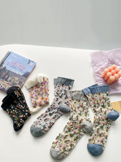 Lot de 5 paires de chaussettes fines en jacquard fleuri pour femme