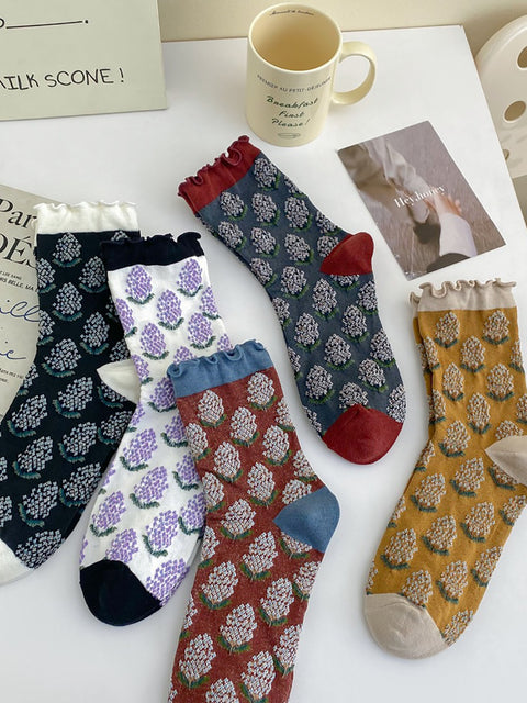 Lot de 5 paires de chaussettes mi-hautes en coton à motif floral artistique pour femmes