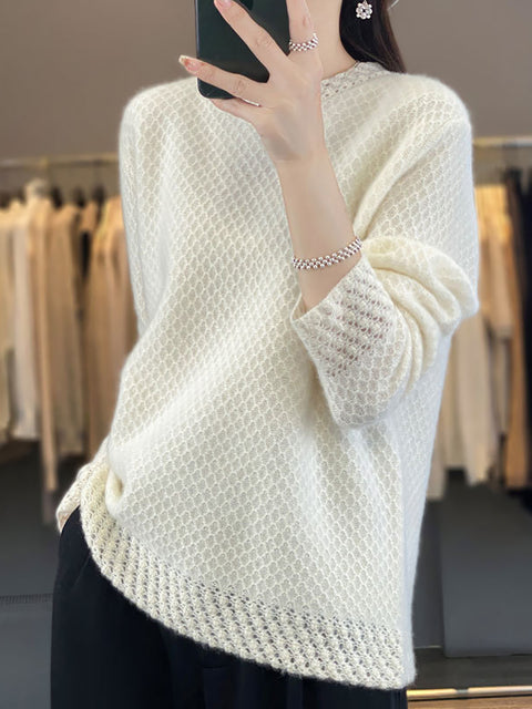 Pull à col rond en laine au crochet pour femme, hiver