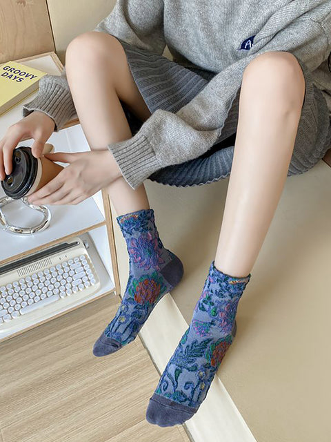 5 paires de chaussettes mi-mollet en jacquard à fleurs vintage pour femmes