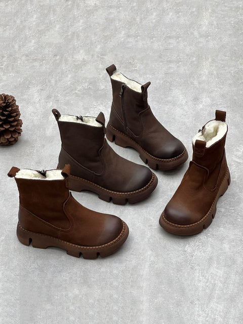 Bottines d'hiver en cuir massif doublées de polaire pour femmes