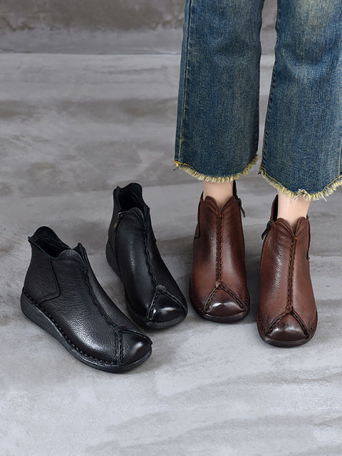 Bottes à talons bas épissées en cuir véritable vintage pour femmes