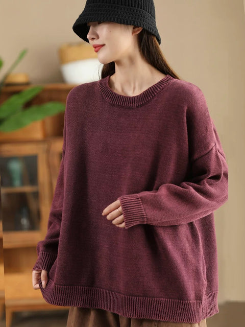 Pull en tricot à col rond décontracté pour femme, couleur unie, automne