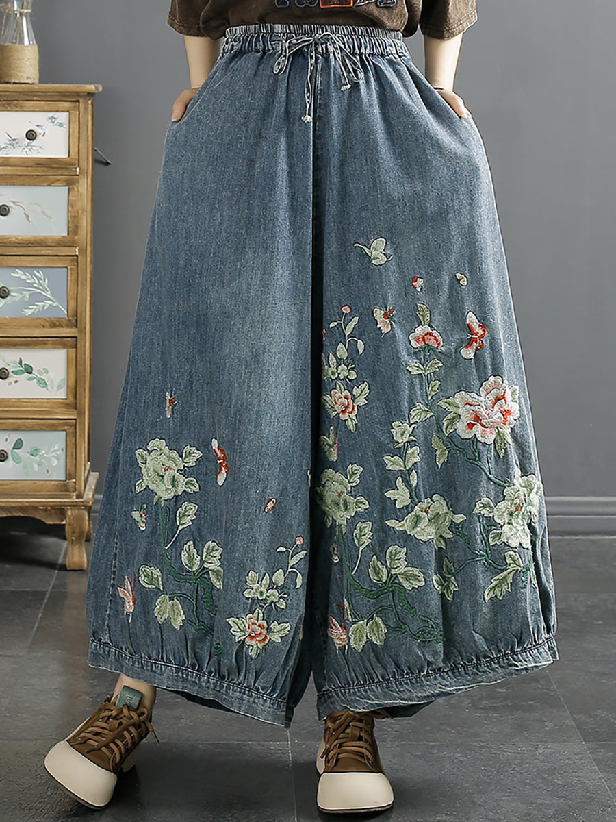 Pantalon large en denim brodé de fleurs pour femmes, printemps