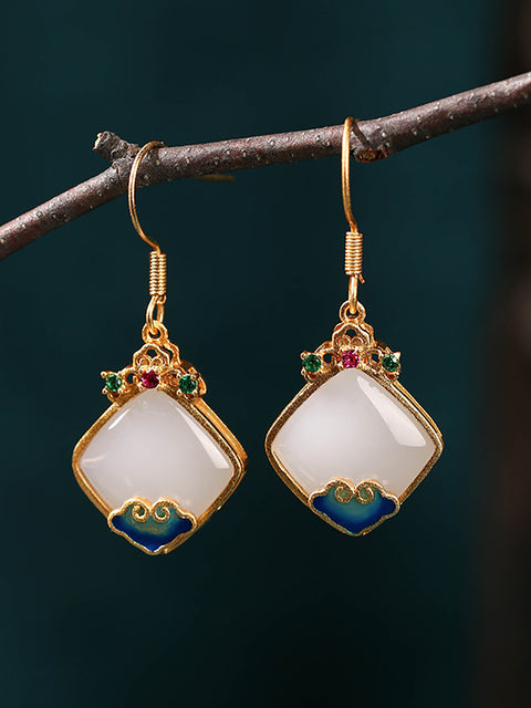 Boucles d'oreilles ethniques en jade S925 pour femmes, en argent et émail, en forme de nuage