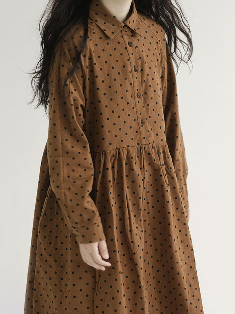 Robe Vintage à Manches Longues Plissée à Pois pour Femmes de Grande Taille