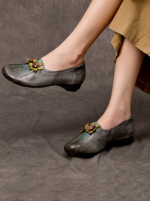 Chaussures à talons bas en cuir à fleurs vintage pour femmes