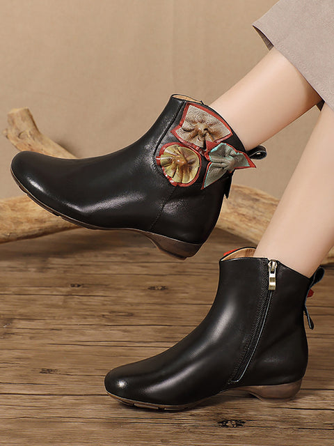 Bottes à talons bas épissées en cuir vintage pour femmes