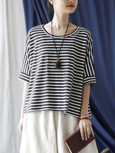 Women Summer Casual Stripe Loose O-Neck Shirt