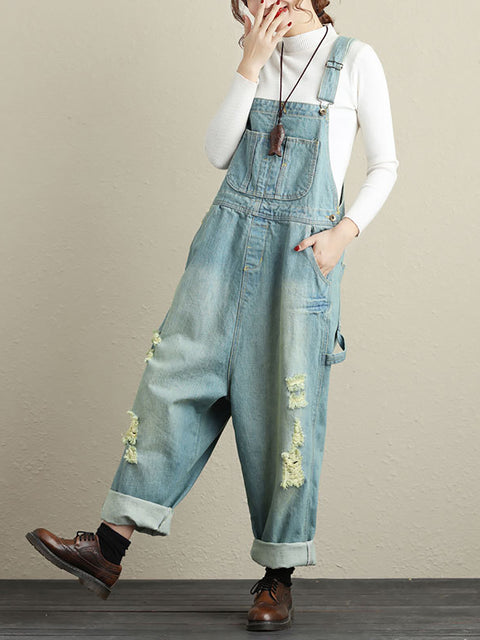 Women Summer Retro Frayed Pocket High-Waist Denim Jumpsuits