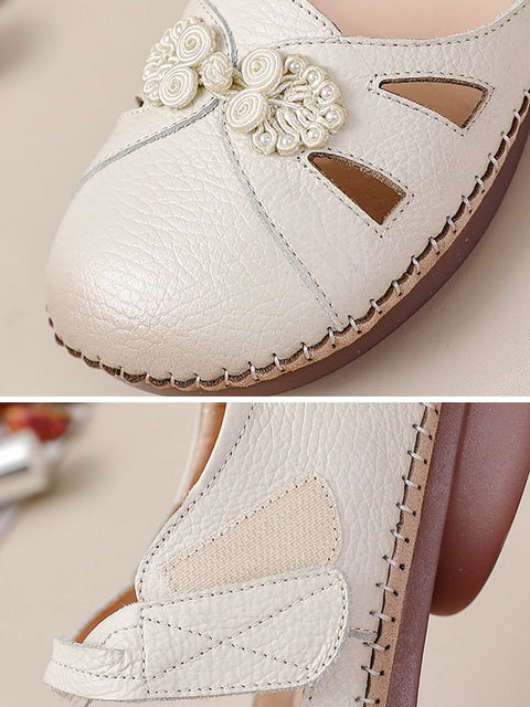 Women Summer Ethnic Solid Leather Spliced Low Heel Shoes