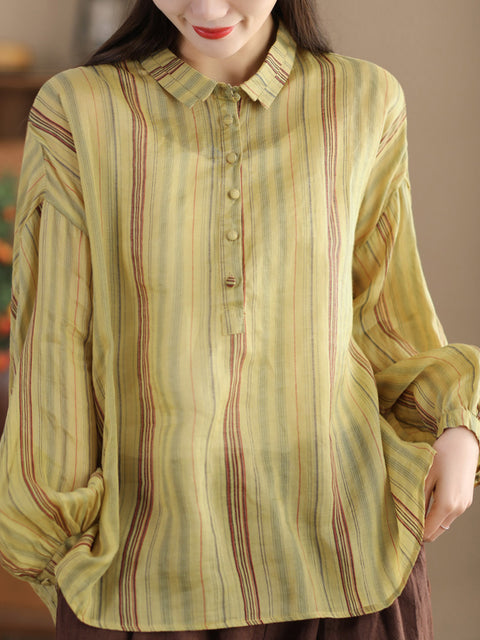 Women Spring Stripe Ramie Loose Linen Shirt