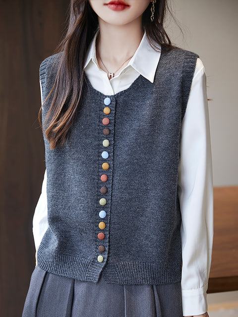 Women Casual Autumn O-Neck Colorful Button Knit Vest