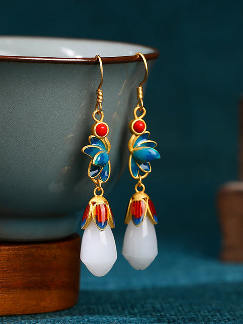 Boucles d'oreilles en argent et jade cloisonné vintage pour femme