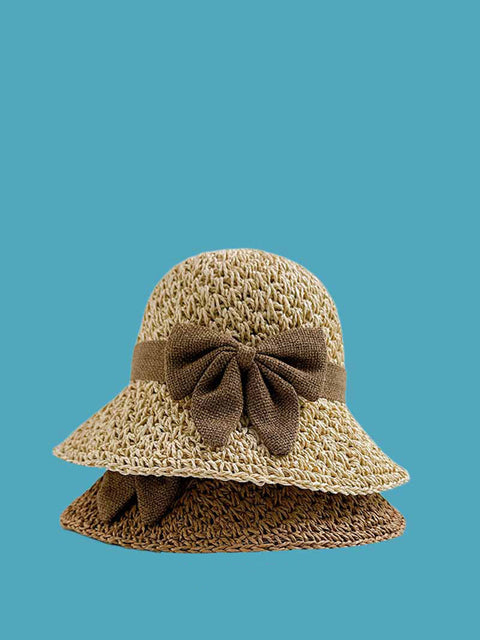 Chapeau de soleil en paille tricoté avec nœud papillon pour femme