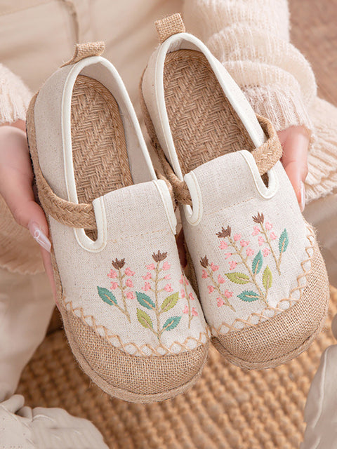 Chaussures plates en lin et coton avec broderies de fleurs ethniques pour femmes