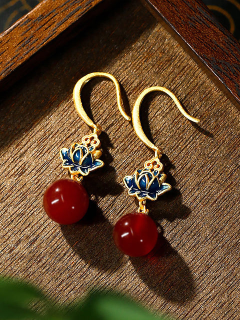 Boucles d'oreilles vintage en alliage de perles rouges en forme de lotus