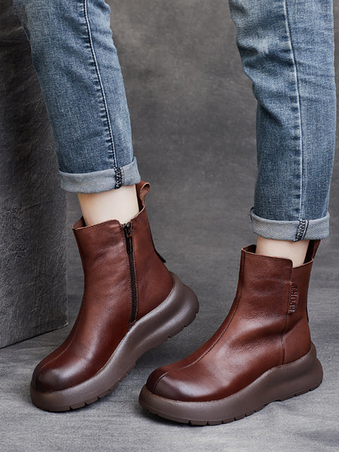 Bottes à plateforme zippées en cuir véritable vintage pour femmes