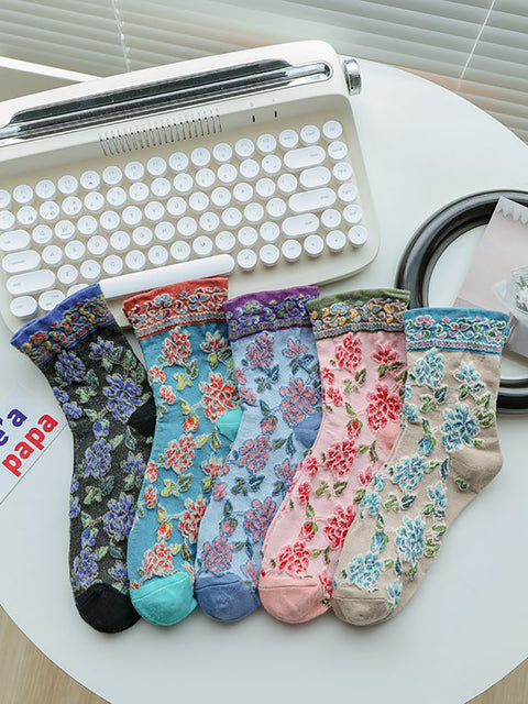 5 paires de chaussettes en coton jacquard floral vintage pour femmes