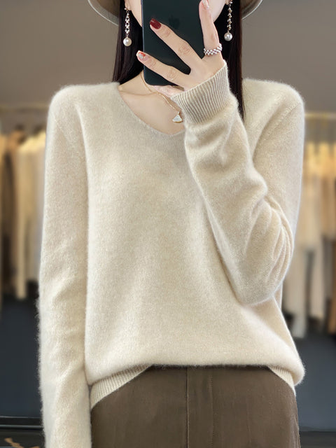 Pull en tricot à col en V de couleur unie pour femme