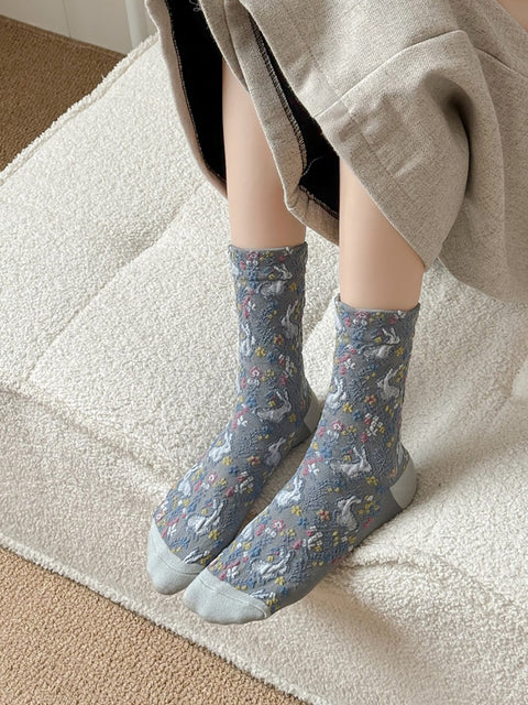 Lot de 5 paires de chaussettes en coton jacquard floral artistique pour femmes