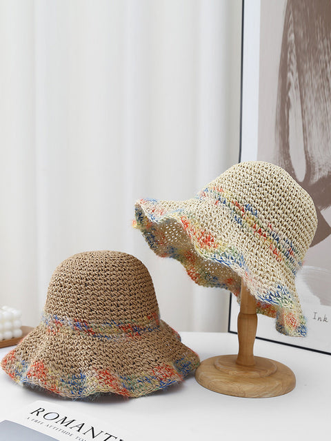 Chapeau de soleil en paille tissée colorée pour femme