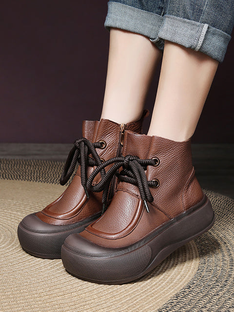 Women Casual Winter Solid Leather Strap Platform Boots