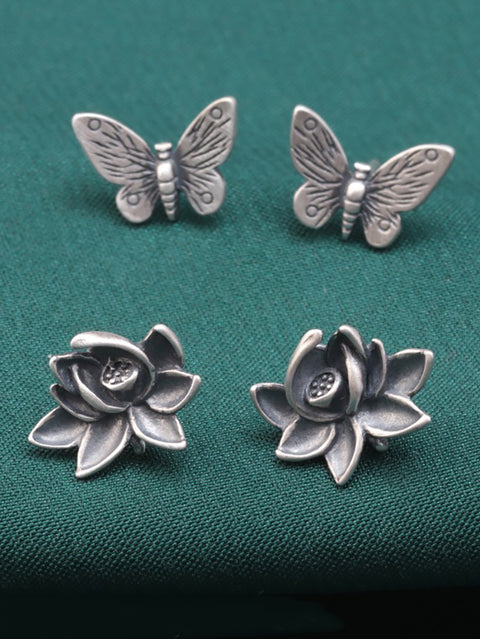 Clous d'oreilles papillon fleur argent S925 Vintage