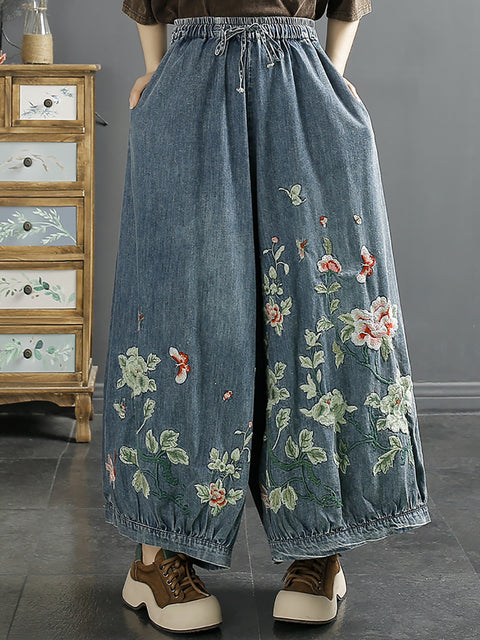 Pantalon large en denim brodé de fleurs pour femmes, printemps