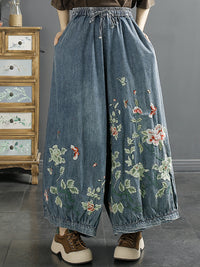 Thumbnail for Pantalon large en denim brodé de fleurs pour femmes, printemps