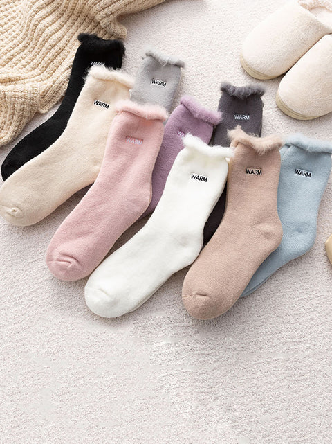 5 paires de chaussettes d'hiver en coton uni pour femmes, doublées de polaire