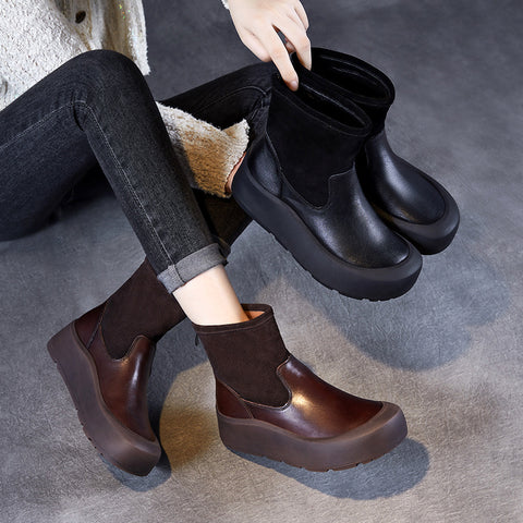 Bottines à plateforme en cuir véritable pour femme