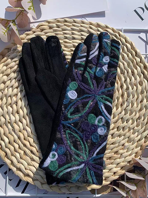 Gants de cyclisme chauds avec broderie de fleurs ethniques pour femmes